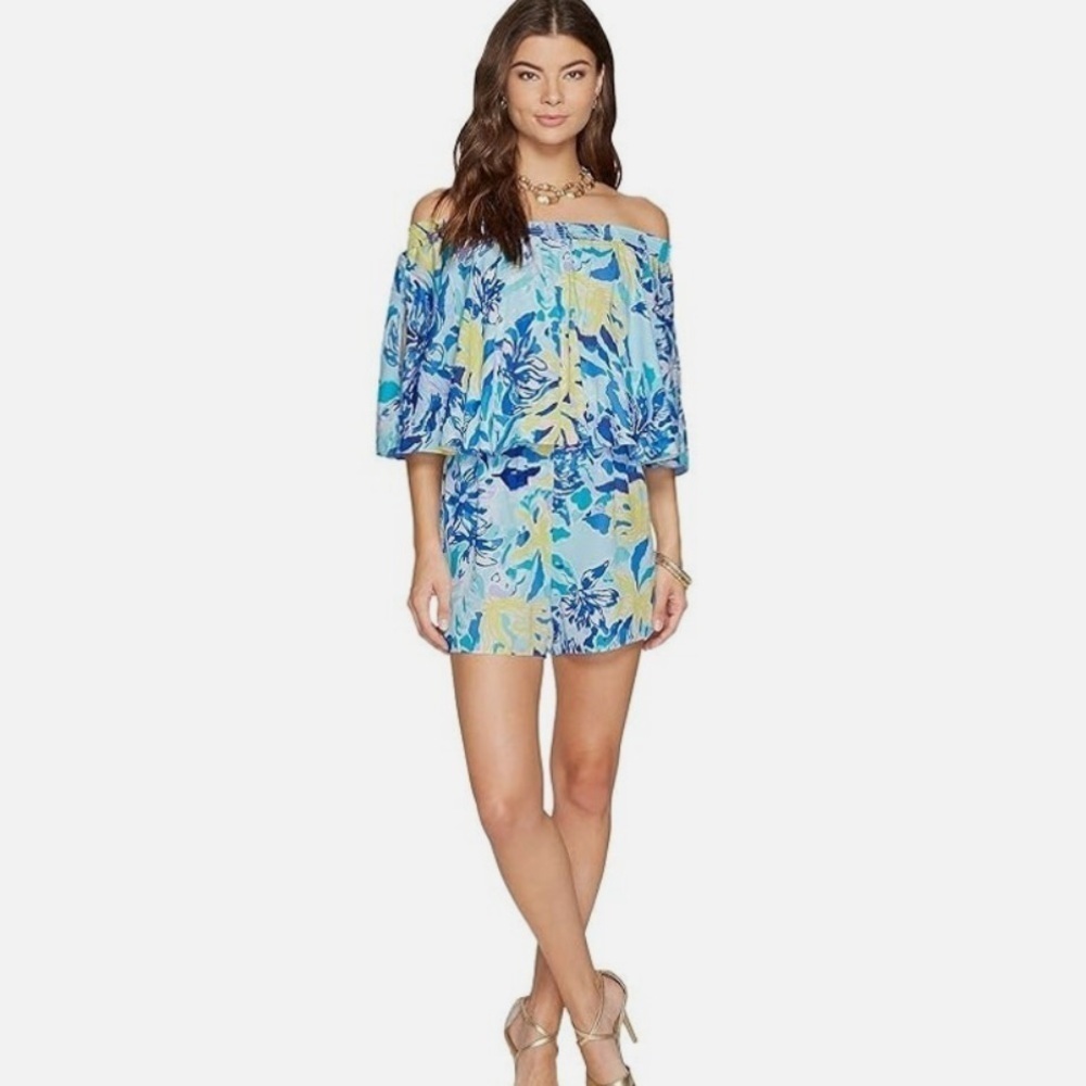 Lilly Pulitzer Blue Arbelle Tropical Print Off the Shoulder Romper - Picture 2 of 6